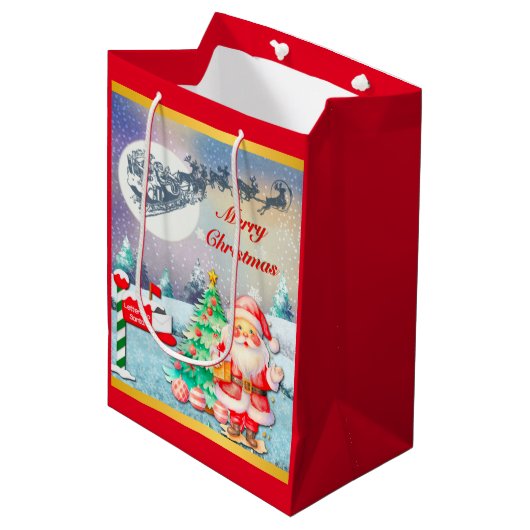 Frohe Weihnachten, Schlitten, Rentier, Schneeflock Mittlere Geschenktüte (Vorderseite Schrägansicht)
