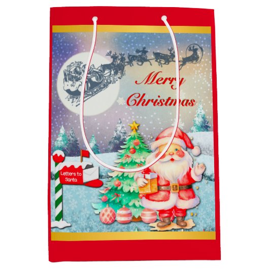 Frohe Weihnachten, Schlitten, Rentier, Schneeflock Mittlere Geschenktüte (Vorderseite)