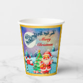 Frohe Weihnachten, Schlitten, Rentier, Schneeflock Pappbecher (Vorderseite)