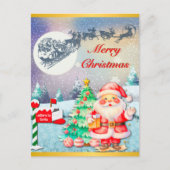 Frohe Weihnachten, Schlitten, Rentier, Schneeflock Postkarte (Vorderseite)