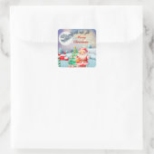 Frohe Weihnachten, Schlitten, Rentier, Schneeflock Quadratischer Aufkleber (Tasche)