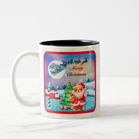 Frohe Weihnachten, Schlitten, Rentier, Schneeflock Zweifarbige Tasse (Links)