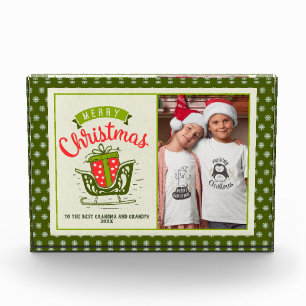 Frohe Weihnachten Schlitten Text Grün Schneeflocke Fotoblock