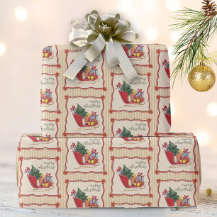Frohe Weihnachten Schlittenfahrt Streifen Geschenkpapier