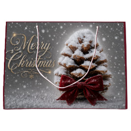 Frohe Weihnachten Schnee bedeckter Kiefernzapfen Große Geschenktüte