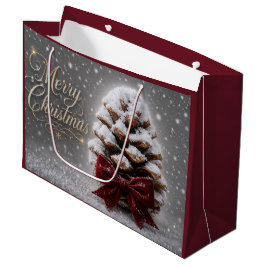 Frohe Weihnachten Schnee bedeckter Kiefernzapfen Große Geschenktüte