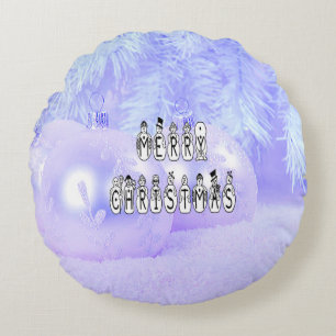 Frohe Weihnachten Schnee Menschen Schriftart, Blau Rundes Kissen