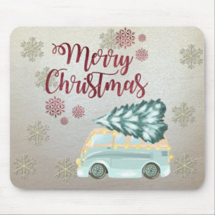 Frohe Weihnachten, Schneeflocken, grüner Lastwagen Mousepad