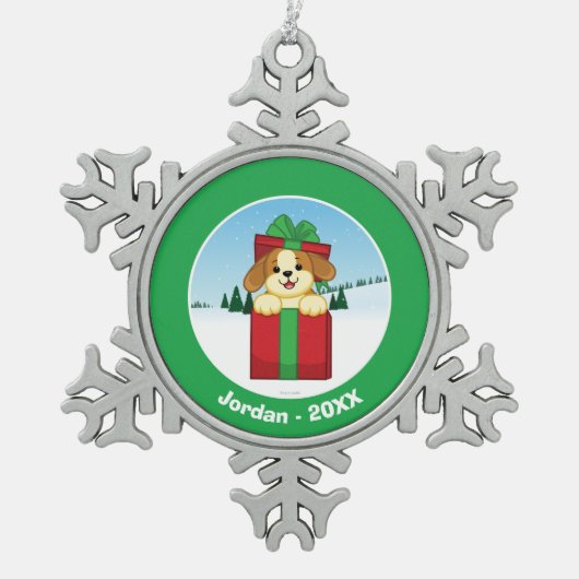 Frohe Weihnachten! Schneeflocken Zinn-Ornament (Vorderseite)