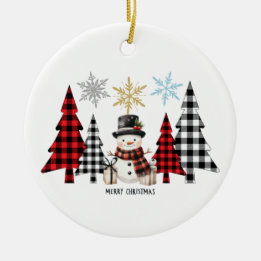 Frohe Weihnachten Schneemann Kariert Weihnachtsbau Keramik Ornament