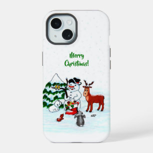 Frohe Weihnachten! Schneemann mit Freunden iPhone 15 Hülle