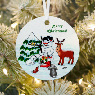 Frohe Weihnachten! Schneemann mit Freunden Ornament Aus Metall
