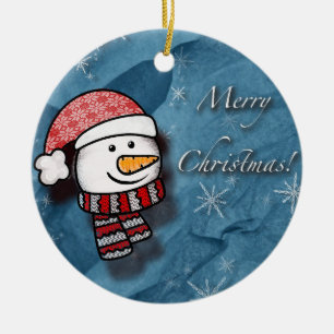 Frohe Weihnachten, Schneemann mit gestrickter Klei Keramik Ornament