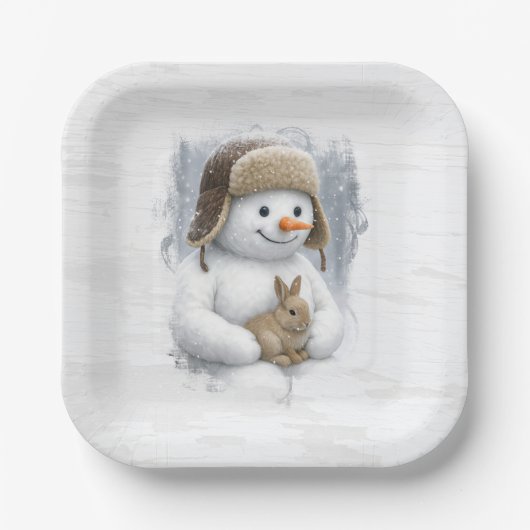 Frohe Weihnachten Schneemann mit Häschen Pappteller (Vorderseite)