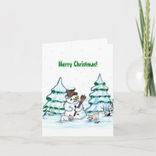 Frohe Weihnachten! Schneemann mit Katze und Welpe