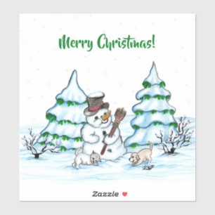 Frohe Weihnachten! Schneemann mit Katze und Welpe Aufkleber