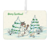 Frohe Weihnachten! Schneemann mit Katze und Welpe Autolufterfrischer (Rückseite)