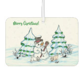 Frohe Weihnachten! Schneemann mit Katze und Welpe Autolufterfrischer (Vorderseite)