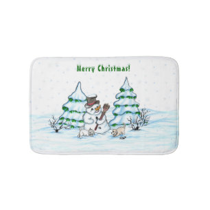 Frohe Weihnachten! Schneemann mit Katze und Welpe Badematte