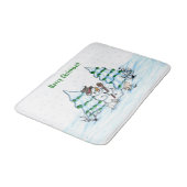 Frohe Weihnachten! Schneemann mit Katze und Welpe Badematte (Schrägansicht)