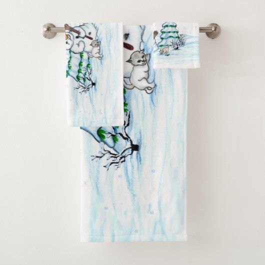 Frohe Weihnachten! Schneemann mit Katze und Welpe Badhandtuch Set (Insitu)