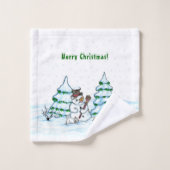 Frohe Weihnachten! Schneemann mit Katze und Welpe Badhandtuch Set (Waschlappen)