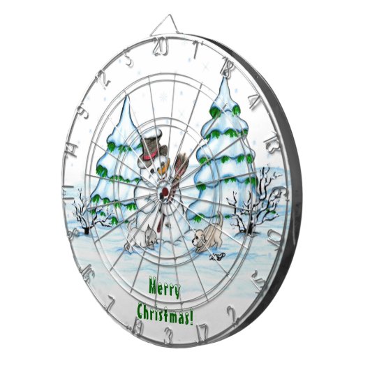 Frohe Weihnachten! Schneemann mit Katze und Welpe Dartscheibe (Vorderseite rechts)