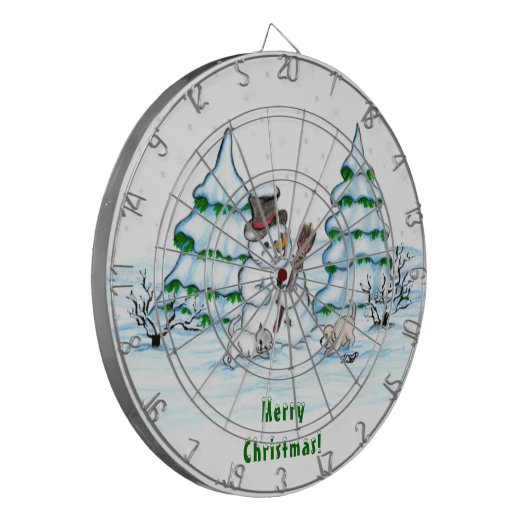 Frohe Weihnachten! Schneemann mit Katze und Welpe Dartscheibe (Vorderseite Links)