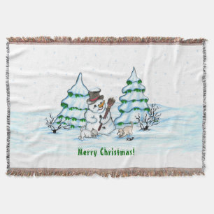 Frohe Weihnachten! Schneemann mit Katze und Welpe Decke