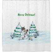 Frohe Weihnachten! Schneemann mit Katze und Welpe Duschvorhang (Vorderseite)