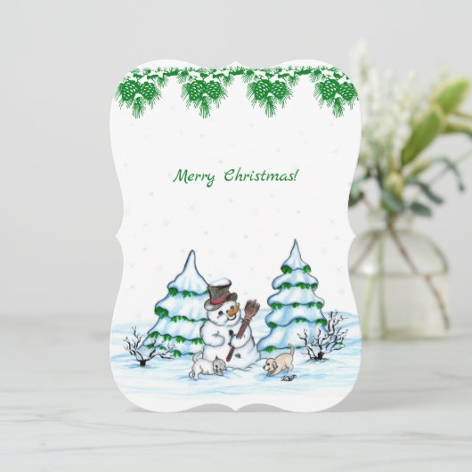 Frohe Weihnachten! Schneemann mit Katze und Welpe Einladung (Stehend Vorderseite)