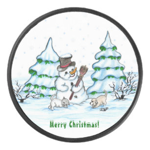 Frohe Weihnachten! Schneemann mit Katze und Welpe Eishockey Puck