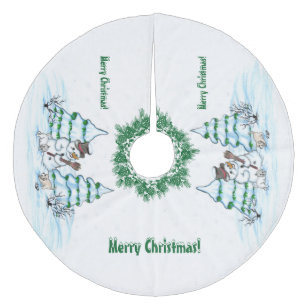 Frohe Weihnachten! Schneemann mit Katze und Welpe Fleece Weihnachtsbaumdecke