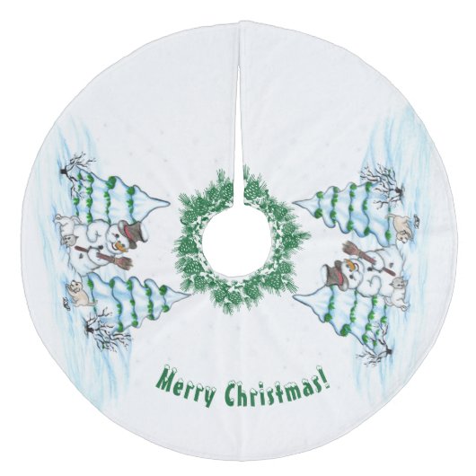 Frohe Weihnachten! Schneemann mit Katze und Welpe Fleece Weihnachtsbaumdecke (Vorderseite)