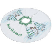 Frohe Weihnachten! Schneemann mit Katze und Welpe Fleece Weihnachtsbaumdecke (Schrägansicht)