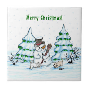 Frohe Weihnachten! Schneemann mit Katze und Welpe Fliese