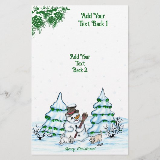 Frohe Weihnachten! Schneemann mit Katze und Welpe Flyer (Hinten)