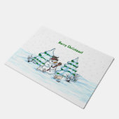 Frohe Weihnachten! Schneemann mit Katze und Welpe Fußmatte (Schrägansicht)