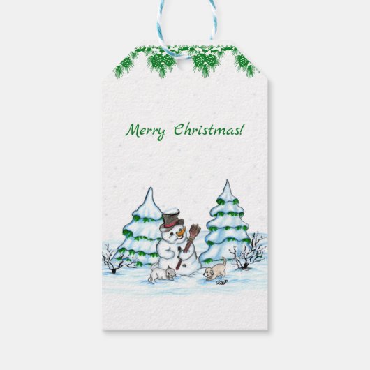 Frohe Weihnachten! Schneemann mit Katze und Welpe Geschenkanhänger (Rückseite)