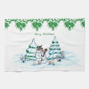 Frohe Weihnachten! Schneemann mit Katze und Welpe Geschirrtuch