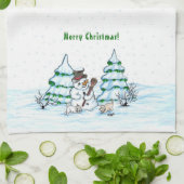 Frohe Weihnachten! Schneemann mit Katze und Welpe Geschirrtuch (Gefaltet)