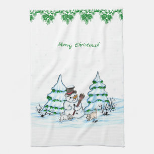 Frohe Weihnachten! Schneemann mit Katze und Welpe Geschirrtuch