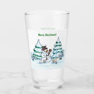 Frohe Weihnachten! Schneemann mit Katze und Welpe Glas