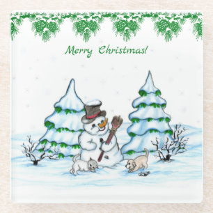 Frohe Weihnachten! Schneemann mit Katze und Welpe Glasuntersetzer