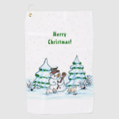 Frohe Weihnachten! Schneemann mit Katze und Welpe Golfhandtuch (Vorderseite)