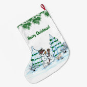 Frohe Weihnachten! Schneemann mit Katze und Welpe Großer Weihnachtsstrumpf (Rückseite (Hängend))