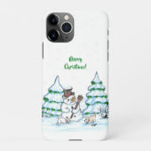 Frohe Weihnachten! Schneemann mit Katze und Welpe iPhone Hülle (Rückseite)
