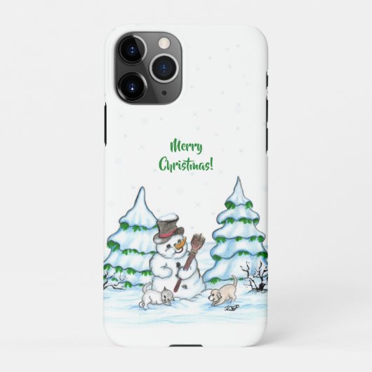 Frohe Weihnachten! Schneemann mit Katze und Welpe iPhone Hülle (Rückseite)