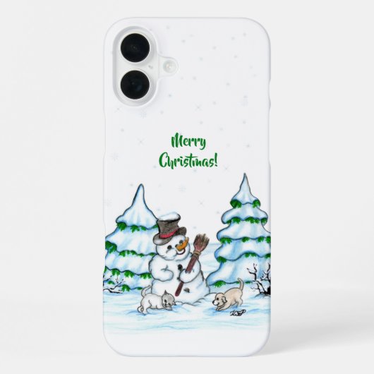 Frohe Weihnachten! Schneemann mit Katze und Welpe iPhone Hülle (Rückseite)