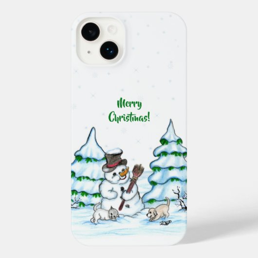 Frohe Weihnachten! Schneemann mit Katze und Welpe iPhone Hülle (Rückseite)